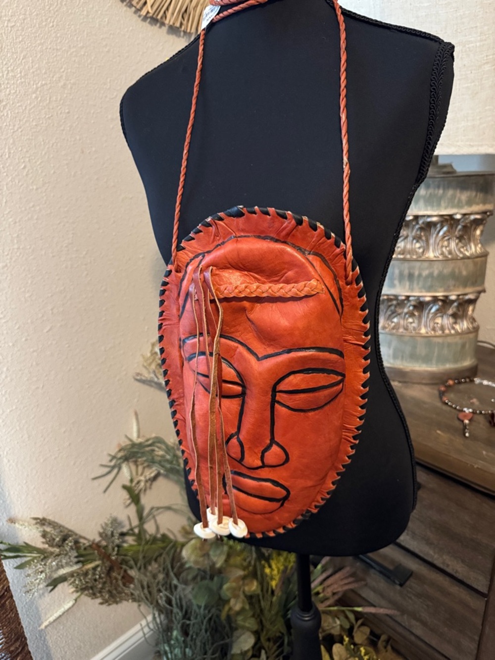 Handcrafted Orange Leather Mask Crossbody Purse